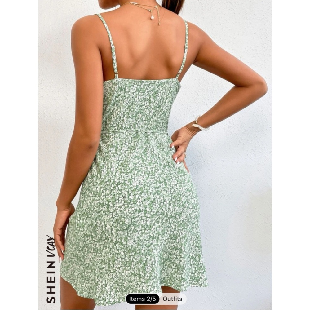 SHEIN VCAY Ditsy Floral Draped Belted Cami Dress green flowers cute feminine sm - Picture 3 of 16